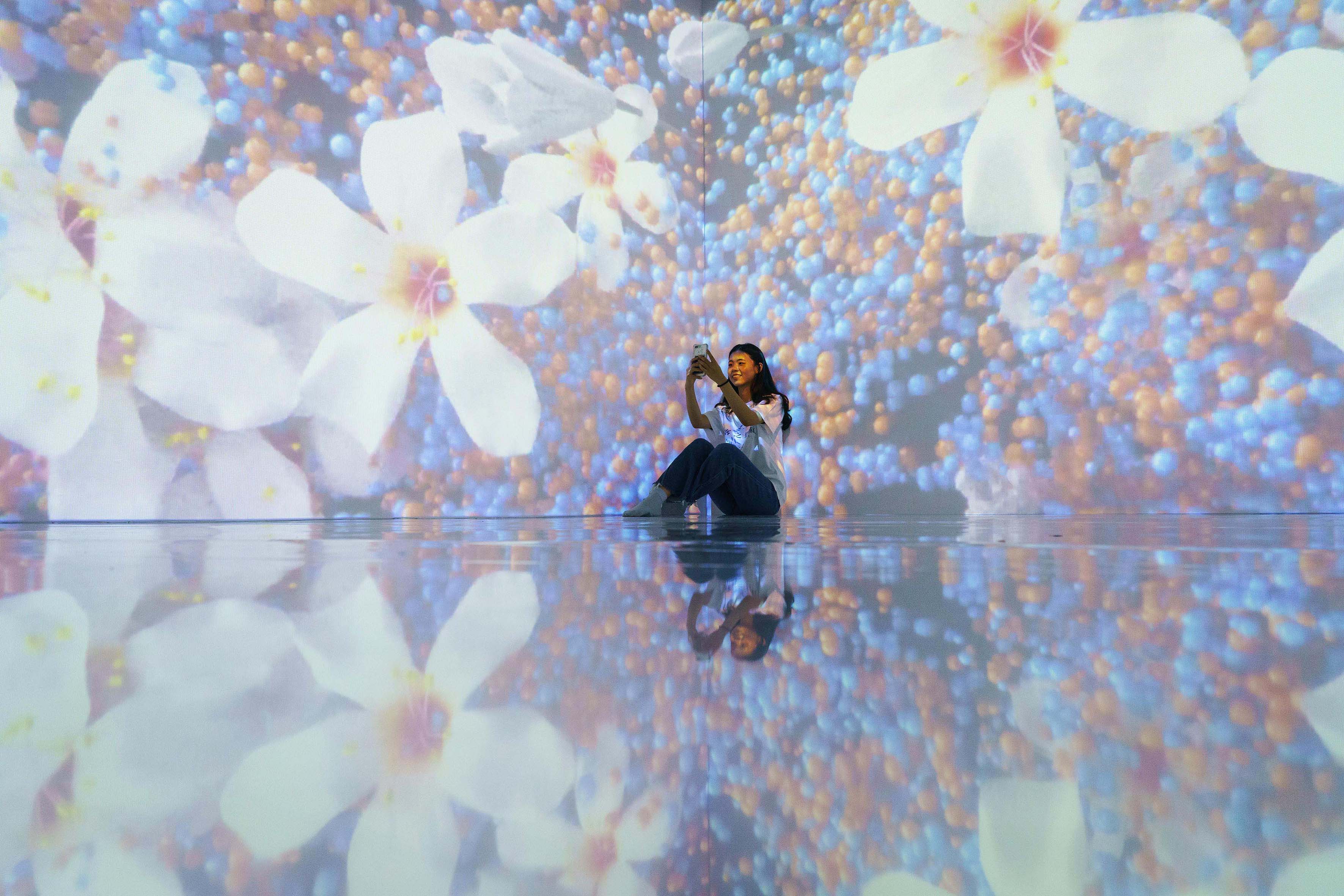 新北市展區「萬象玲瓏」以沉浸式投影展現桐花如飛如舞，如幻似影，彷彿進入另一個時空